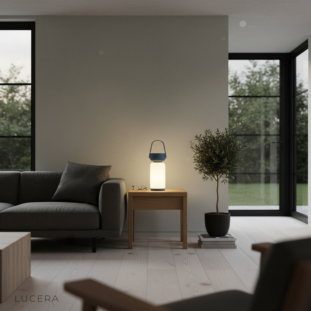 Portable table lamp casting soft evening glow on cozy balcony patio setting
