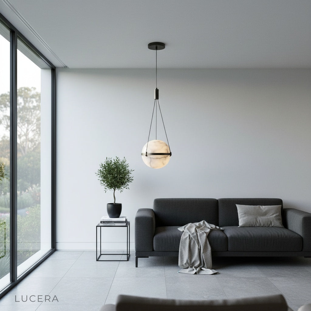 Seraphine Pendant Light minimal black copper frame and alabaster shade in bright dining area