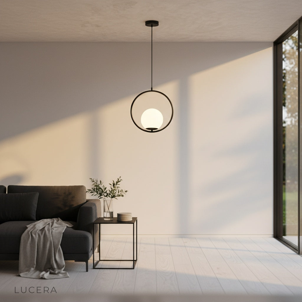 Zigolo pendant light brass variant glowing warmly in cozy bedroom corner