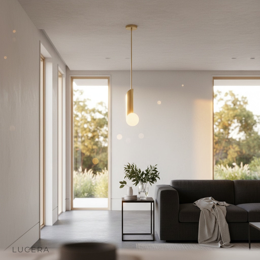 black iron and metal Yancy pendant light illuminating a hallway with architectural shadows