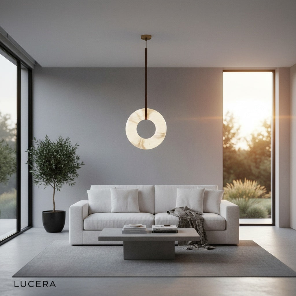 evening lifestyle shot of Helix alabaster pendant light casting warm shadows in cozy reading nook