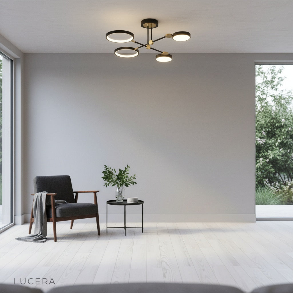 Yin-yang ceiling light in sunlit studio apartment with natural light and clean architectural lines