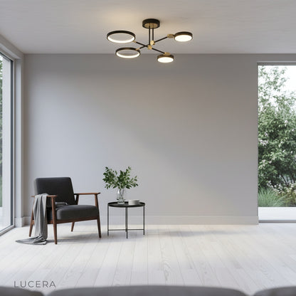 Yin-yang ceiling light in sunlit studio apartment with natural light and clean architectural lines