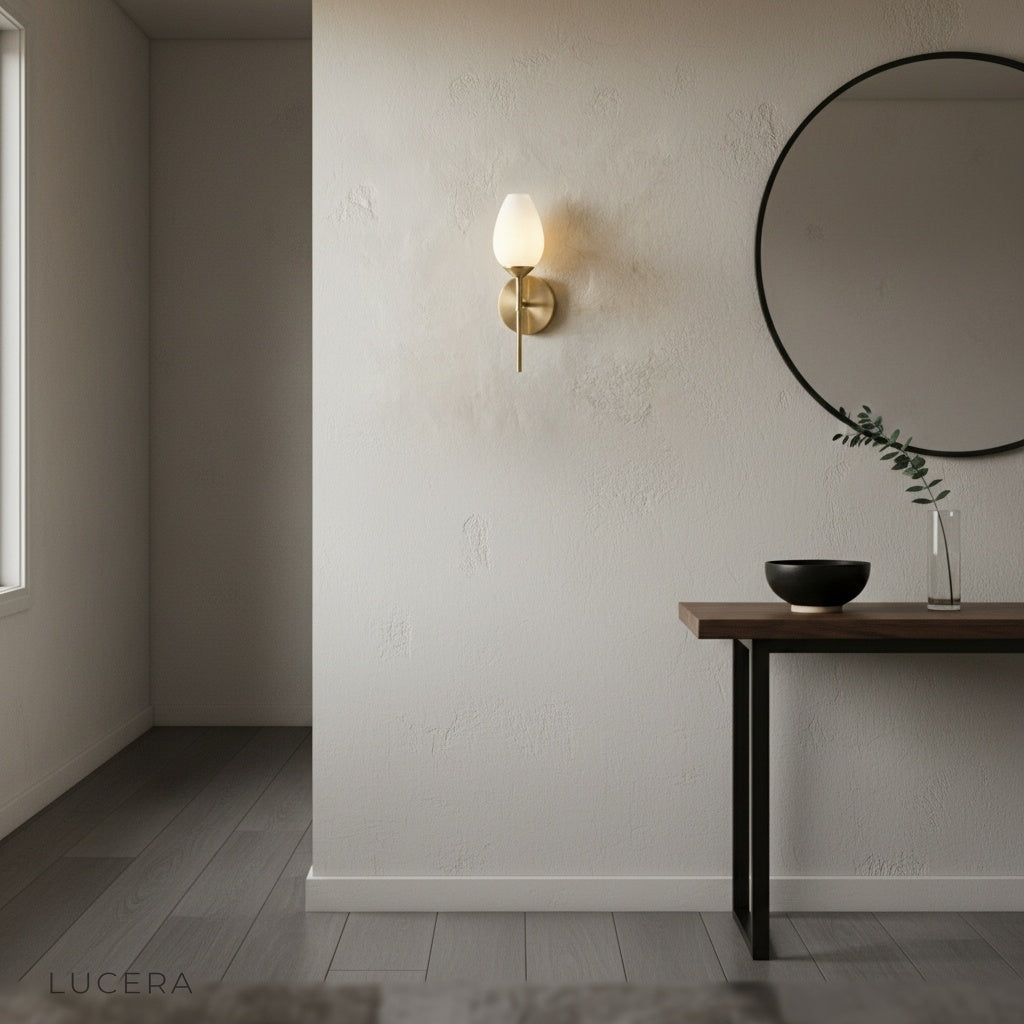 Close-up of Whiskey Wall Lamp frosted glass shade and copper fixture detail