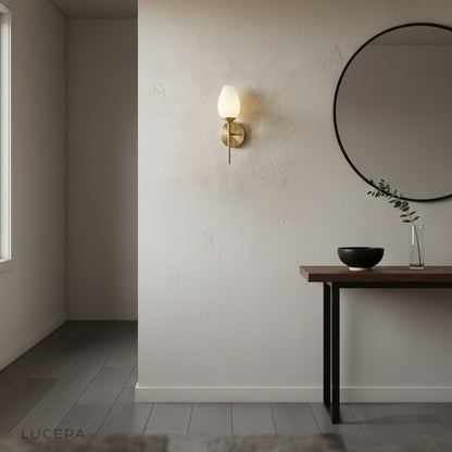 Close-up of Whiskey Wall Lamp frosted glass shade and copper fixture detail