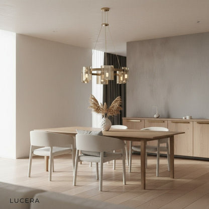 Close-up of Cardinal Chandelier clear glass and contemporary metal ring detail