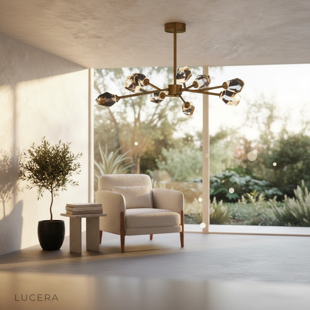 cassia chandelier in minimalist interior with natural light showing copper and crystal contrast