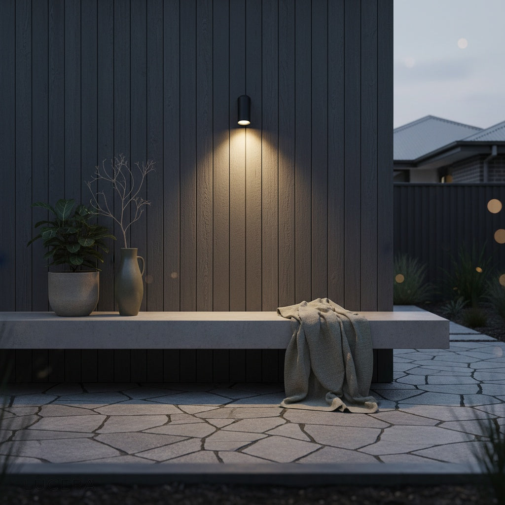 waterproof spotlight glowing against dark brick wall with rain droplets on surface