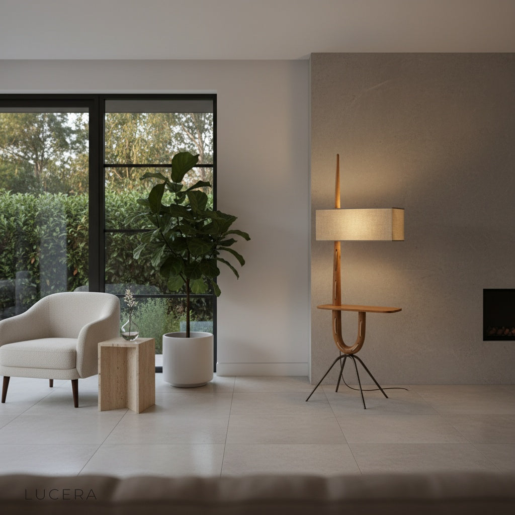 minimalist studio view of Uva floor lamp, oak wood frame and beige fabric lampshade