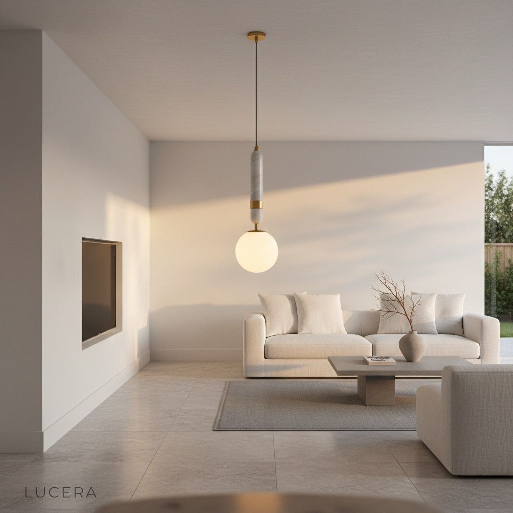 Lucera pendant light suspended over minimalist bedroom nightstand