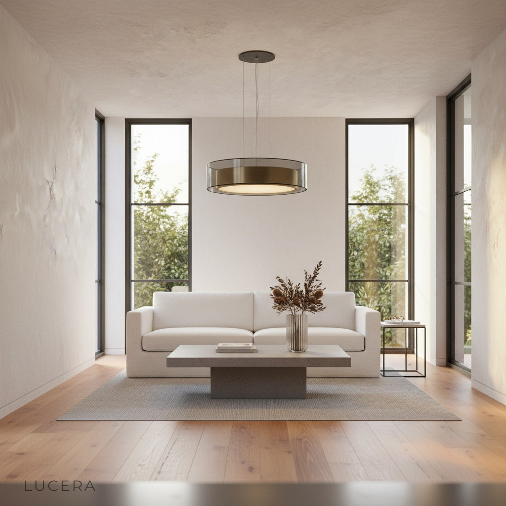 Kismet Pendant Light illuminated at dusk in contemporary open-plan kitchen