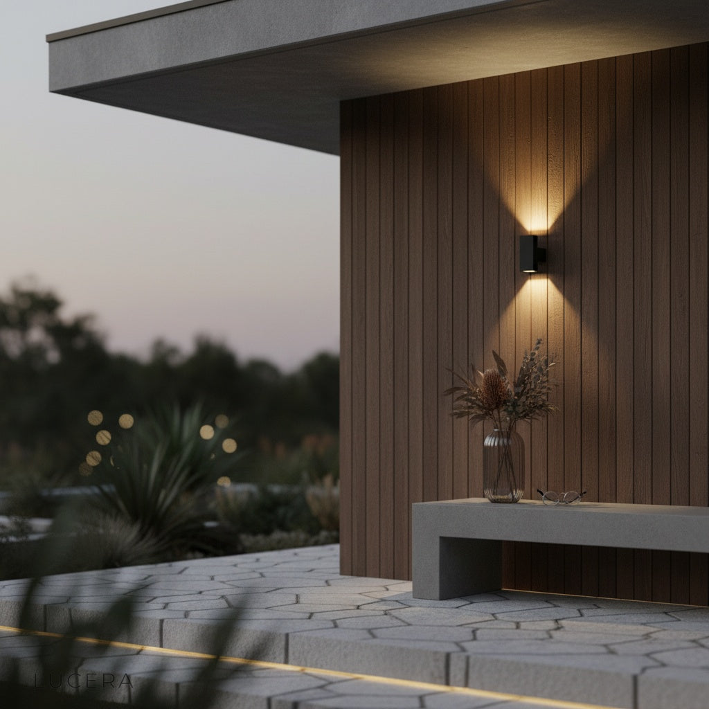 dark bronze finish wall lamp casting soft light on a garden pathway at night