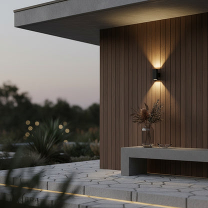 dark bronze finish wall lamp casting soft light on a garden pathway at night