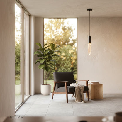 Terra pendant light over rustic wooden dining table in natural daylight