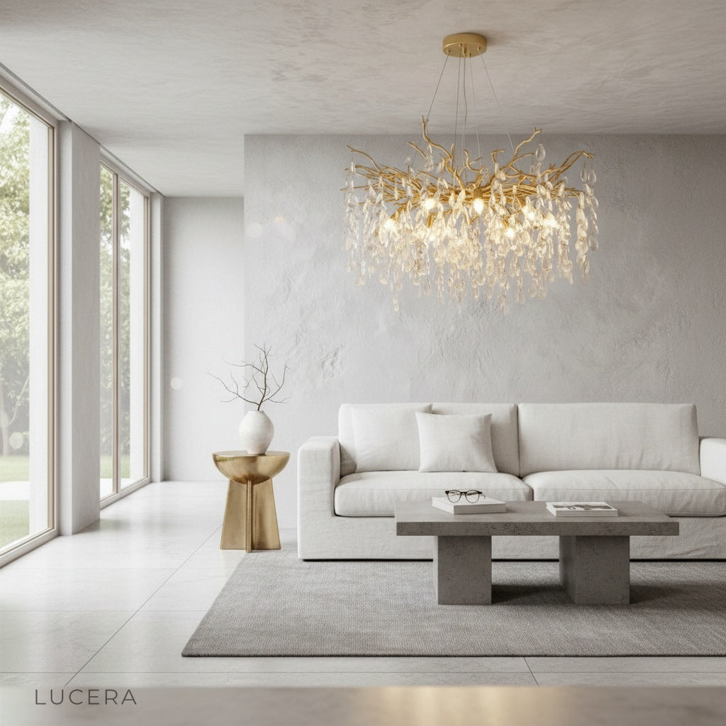 gold finish chandelier with branch-like arms in cozy lounge