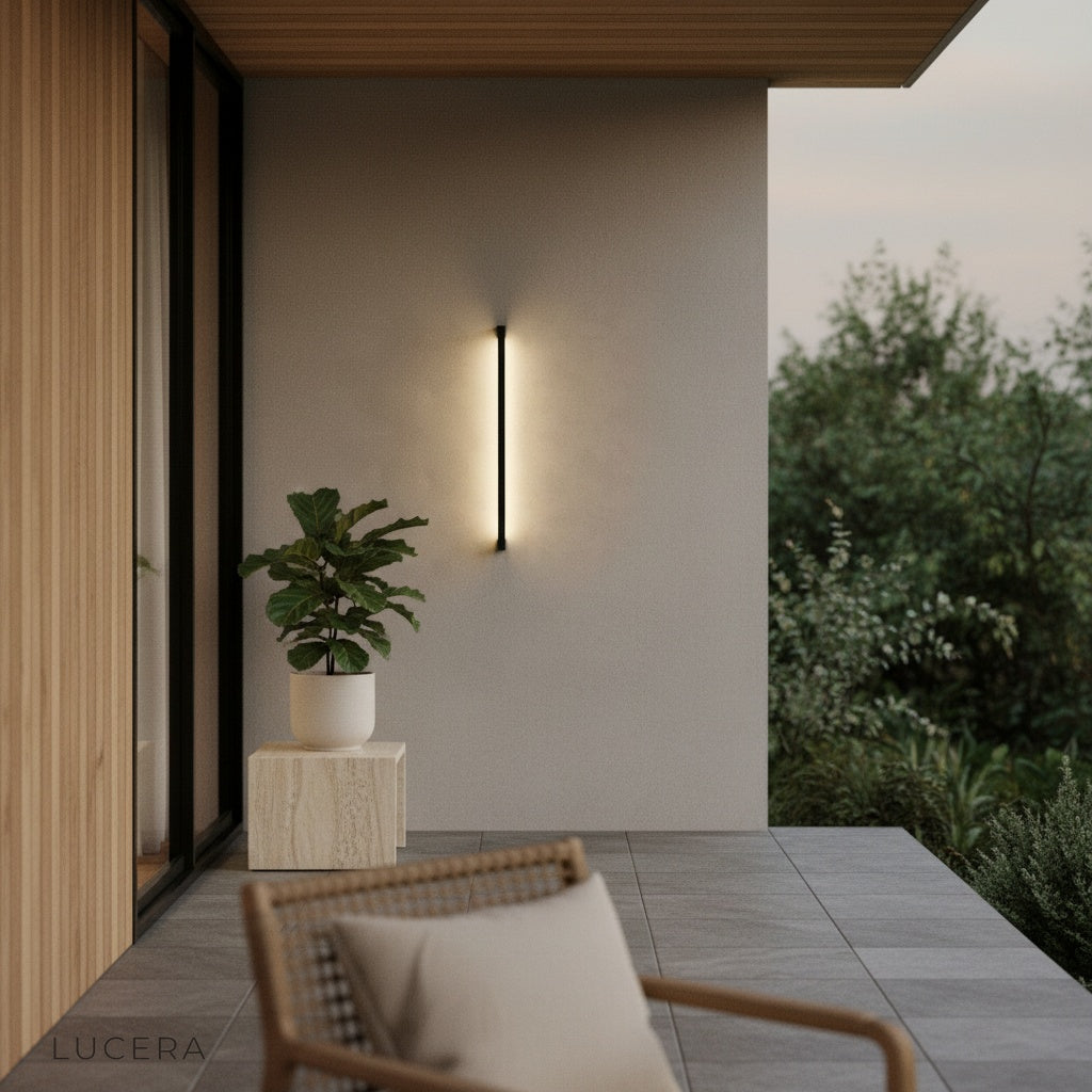 contemporary exterior with two wall sconces above stone bench seating