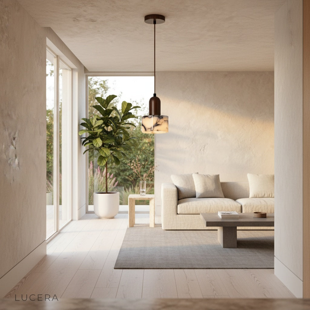 Aglow pendant light illuminating cozy dining nook with stone and wood tones in evening light