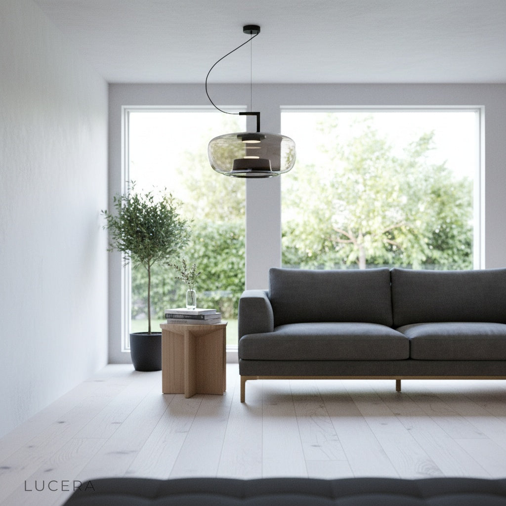 Yardang pendant light in industrial-style loft with exposed brick and concrete floor