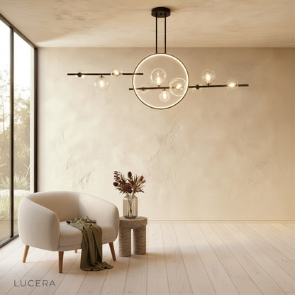 Zona chandelier in dining room setting with warm ambient light from LED bulbs