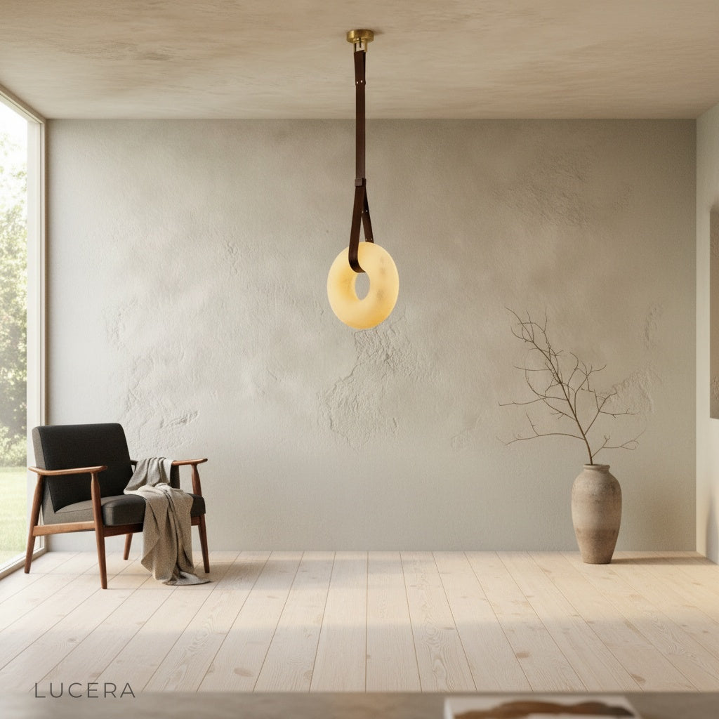 Butte Alabaster pendant light at dusk illuminating rustic wooden kitchen island