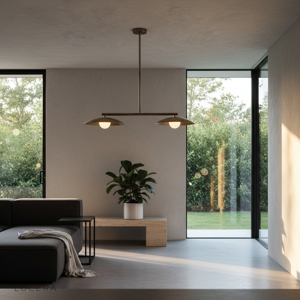 Quivering disc pendant light in a hallway with architectural ceiling and warm bulb glow