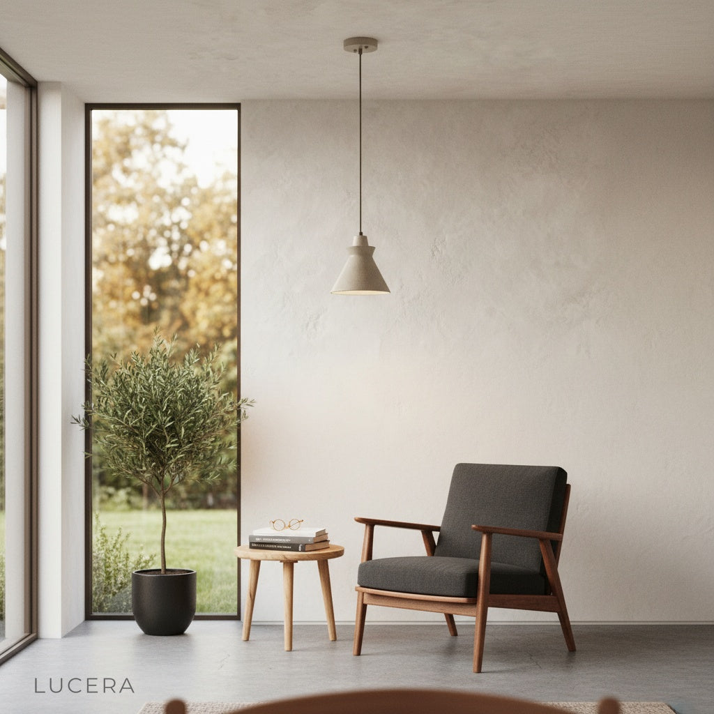 Jazzle pendant light illuminated at dusk in a cozy bedroom corner with warm ambient glow and earthy decor