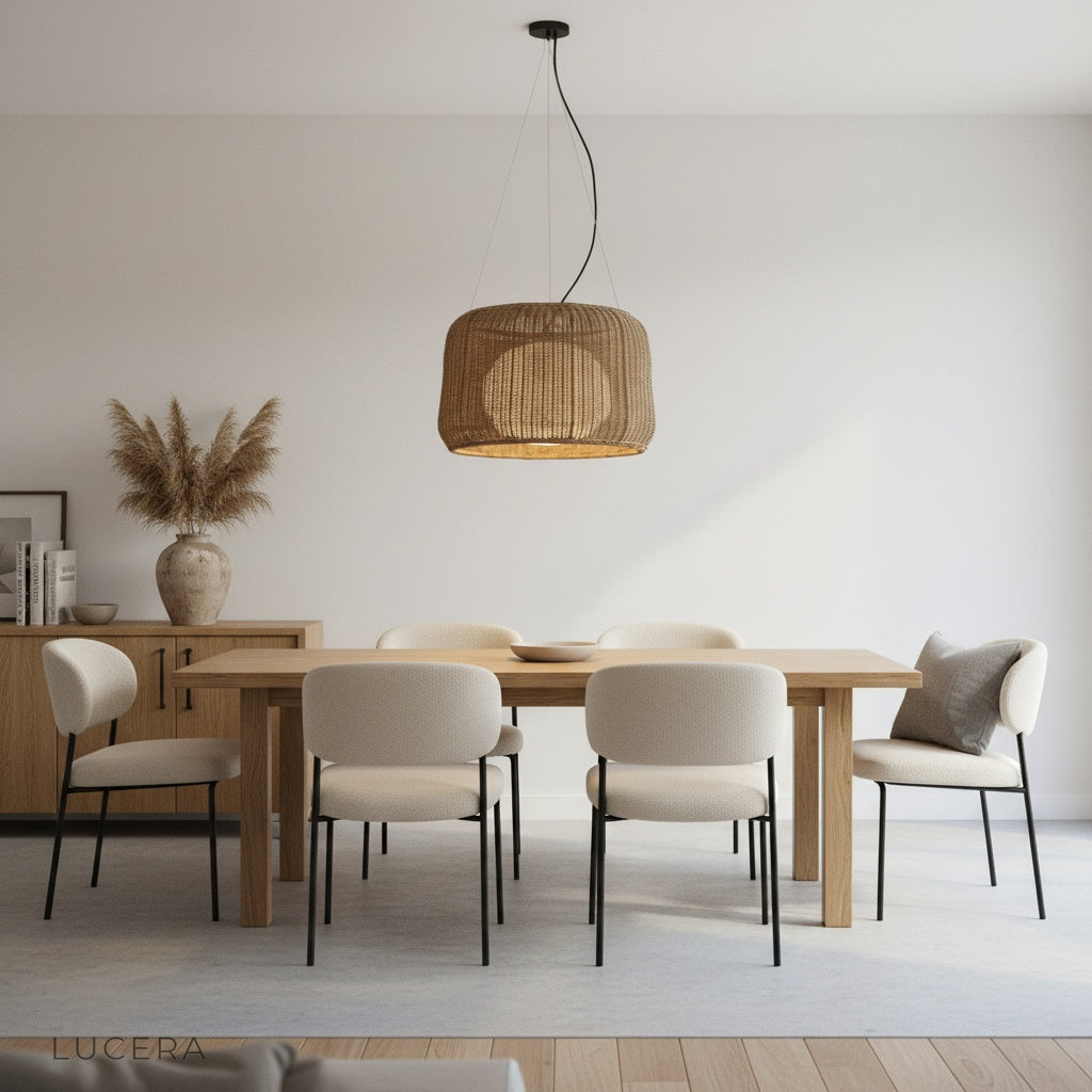 Close-up studio view of Zealous pendant light highlighting intricate rattan pattern and cord