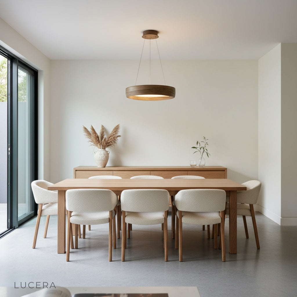 close-up of Tenon pendant light wood-textured metal rim and soft acrylic diffuser