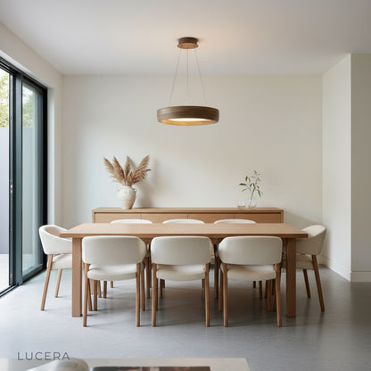 close-up of Tenon pendant light wood-textured metal rim and soft acrylic diffuser
