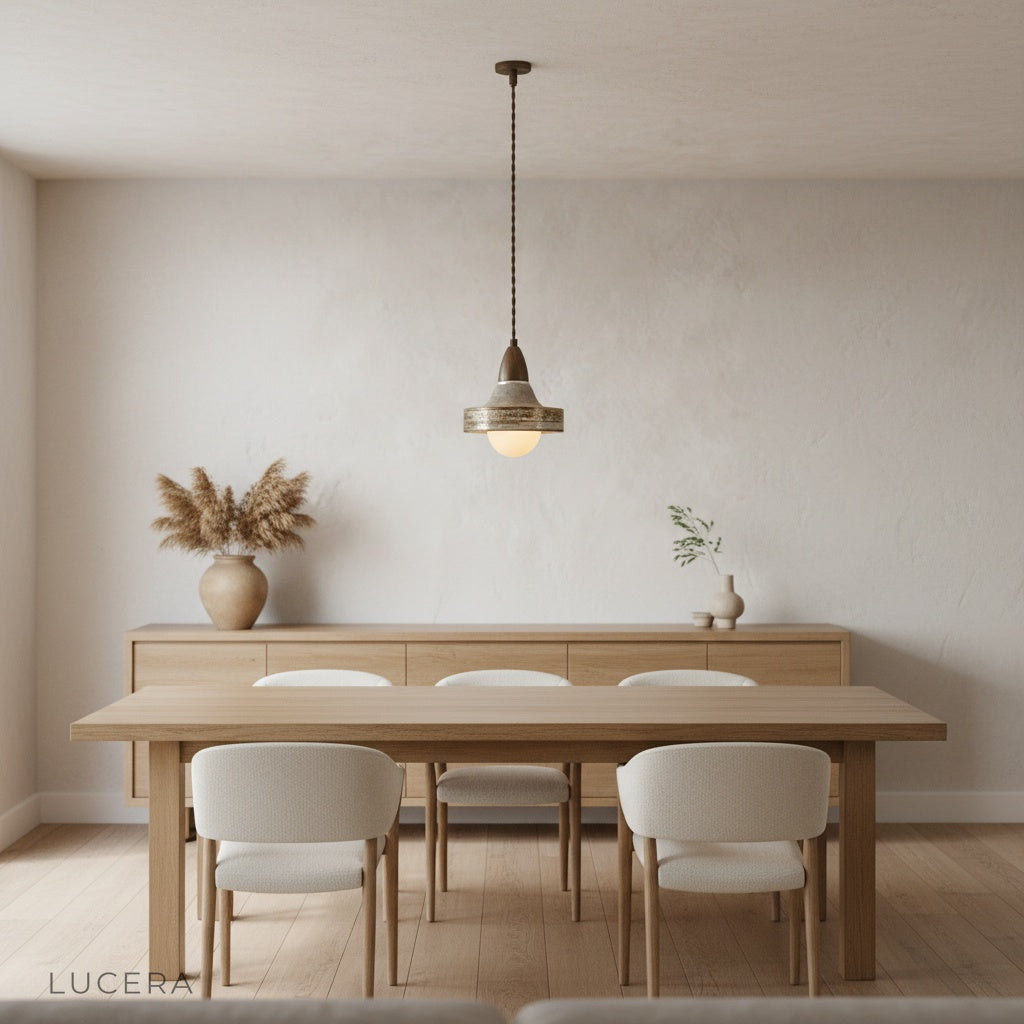 Close-up of Eclipse Pendant Light showing handcrafted ceramic grain and wood grain