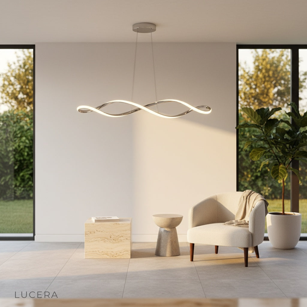 Damaske chandelier in gold finish above kitchen island with soft shadow play