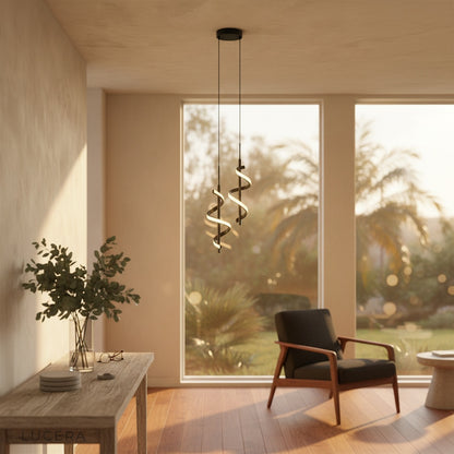 elegant spiral pendant light above minimalist bedside table at night