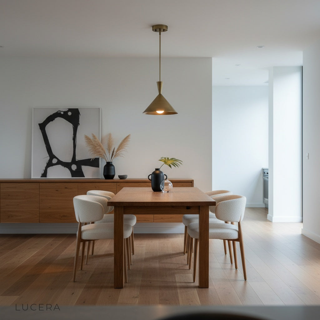Cairn pendant light paired with wooden furniture in a Scandinavian-style bedroom