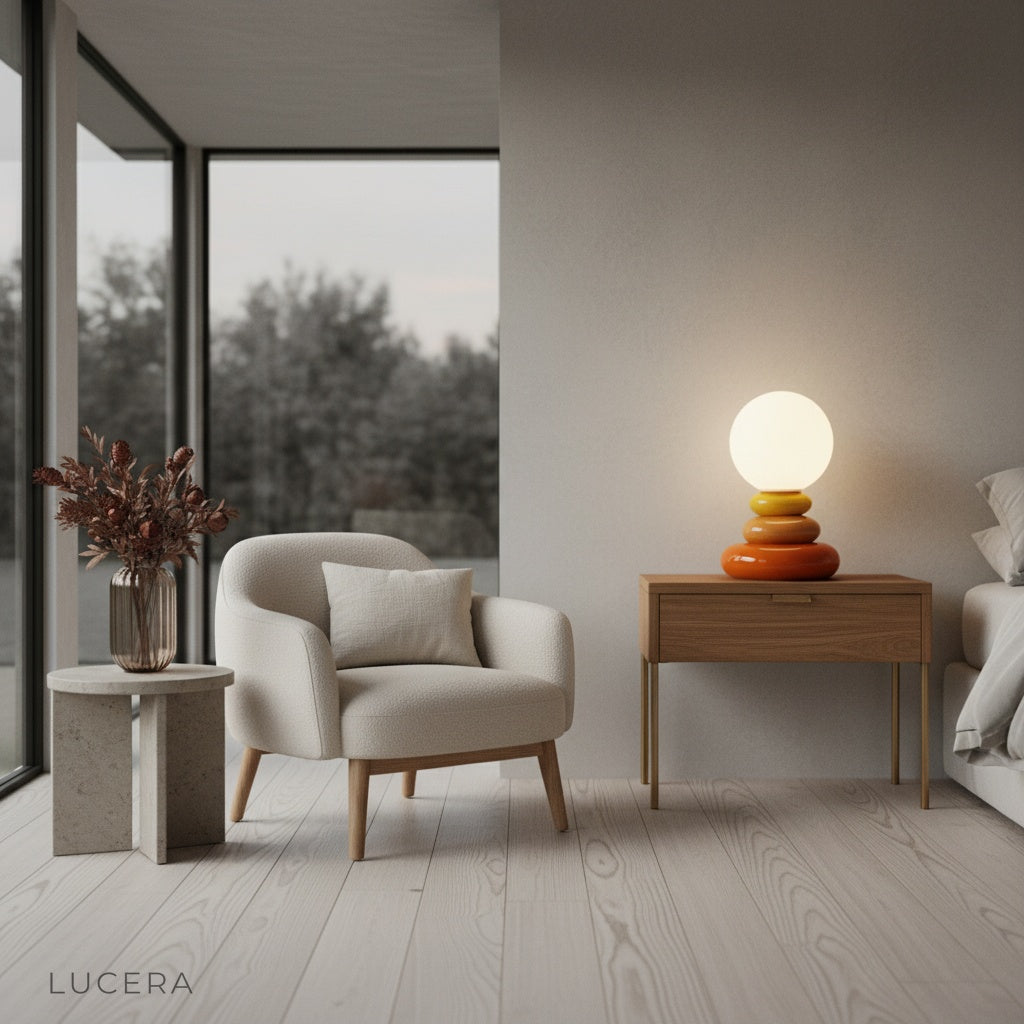 Lamp casting warm evening glow on cream armchair in stylish reading corner