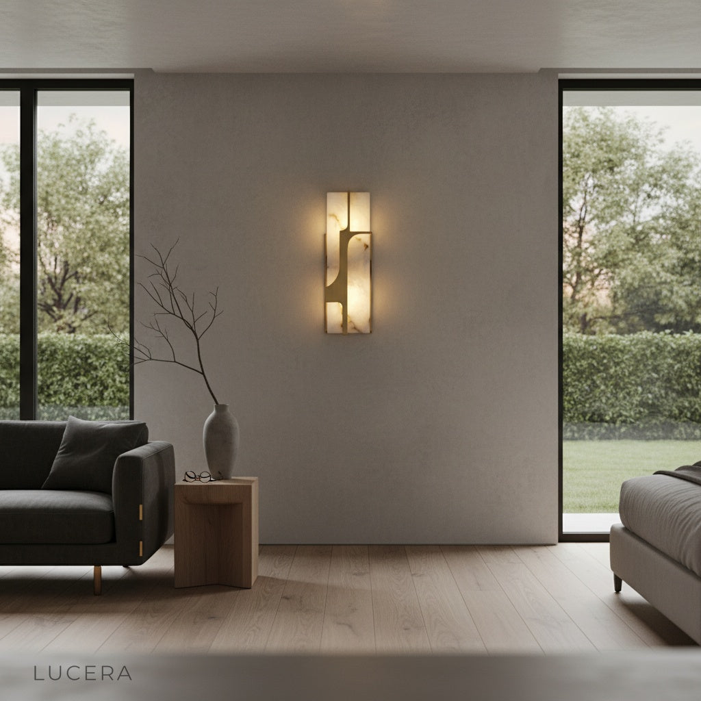 Fetish Wall Lamp illuminating upscale hallway with geometric marble panel
