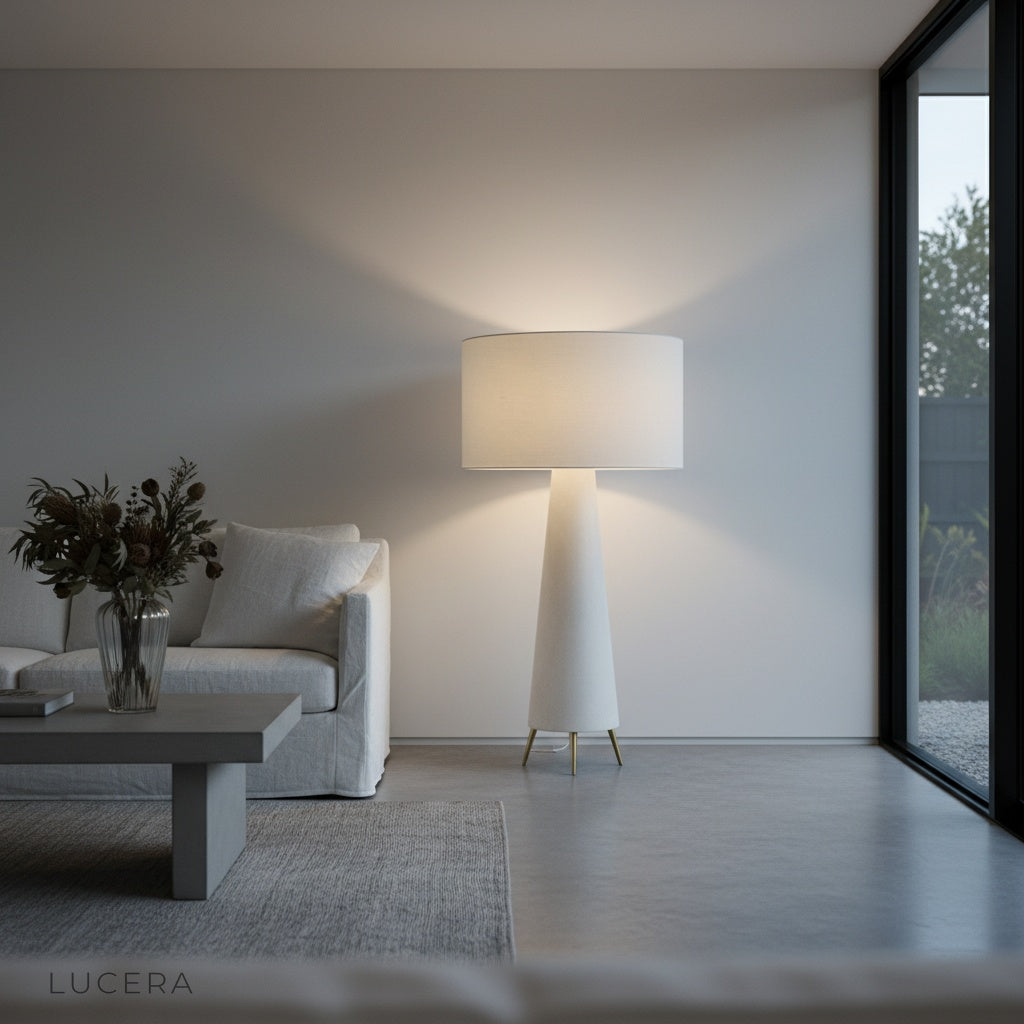 Quarters Floor Lamp at night in a dimly lit lounge with mushroom silhouette creating gentle shadows on wall
