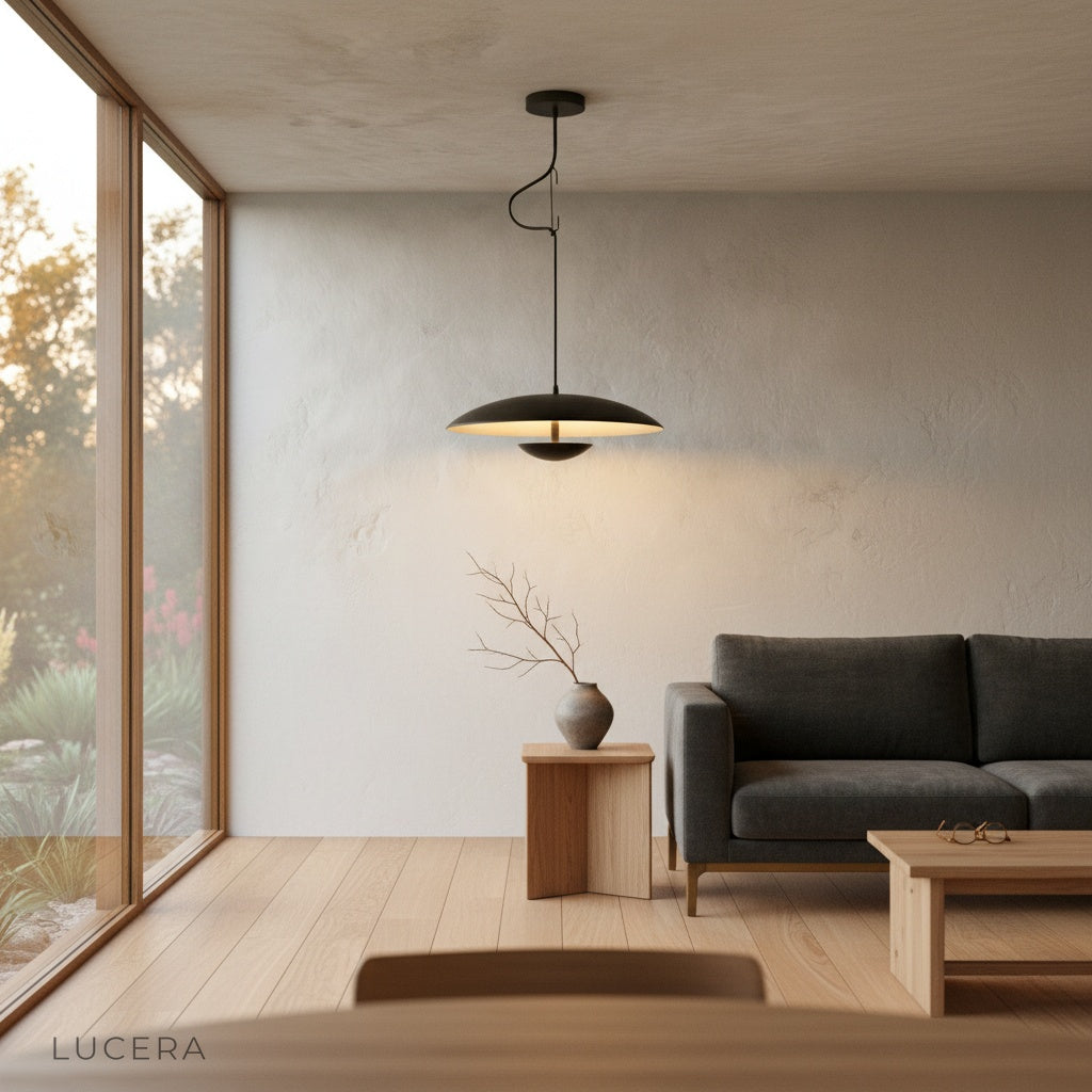 Cinder Pendant Light glowing warmly over a wooden dining table in an evening lifestyle setting