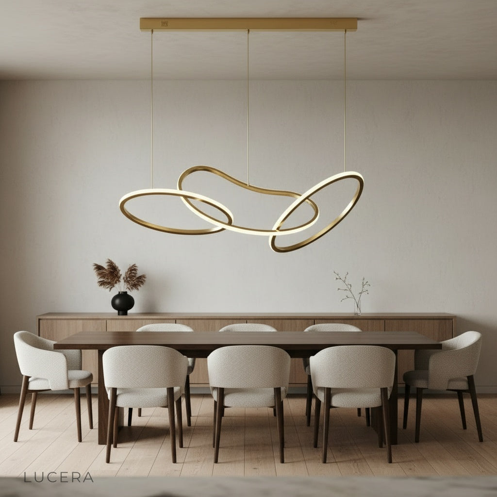 nighttime lifestyle shot of Yakitori LED chandelier casting sculptural shadows on wall