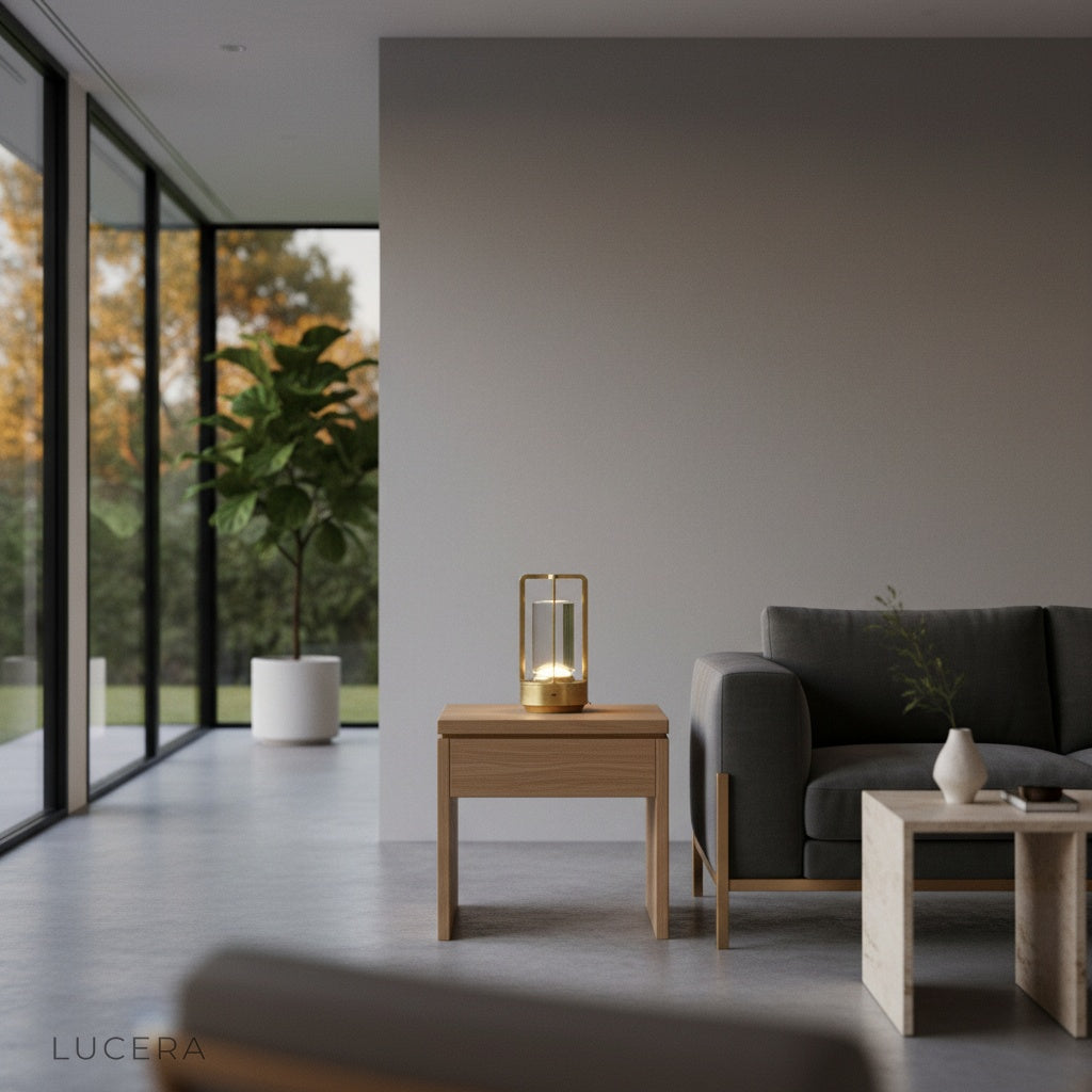 Karmelite Table Lamp with step-less dimming controls visible on base in bright daylight studio