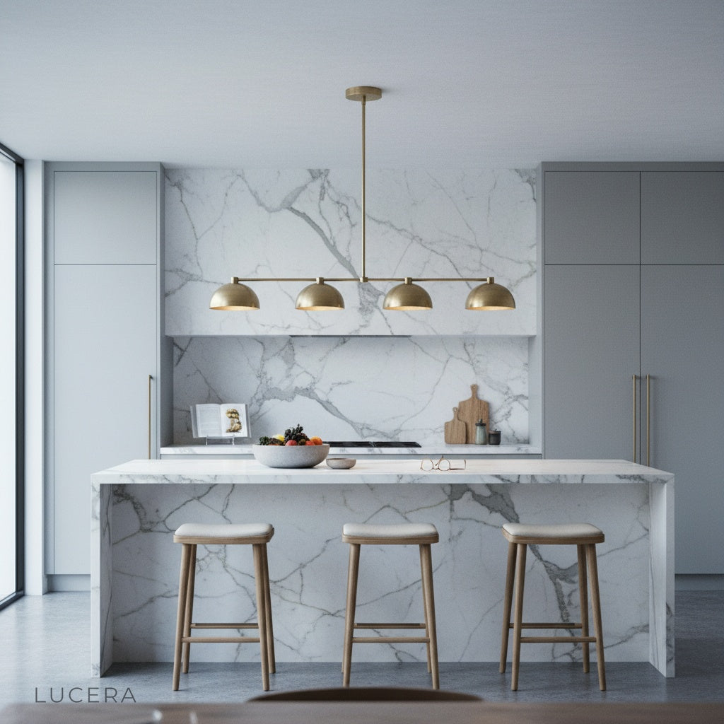 Evening ambiance of Ursule linear brass pendant light casting warm light over cozy seating area