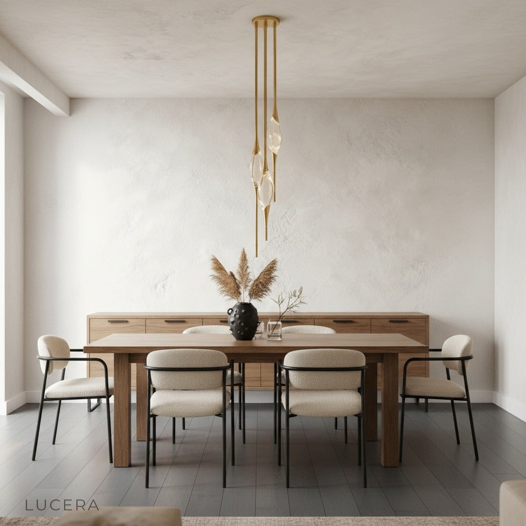 Indus pendant light in black finish casting soft diffused glow over minimalist bedroom