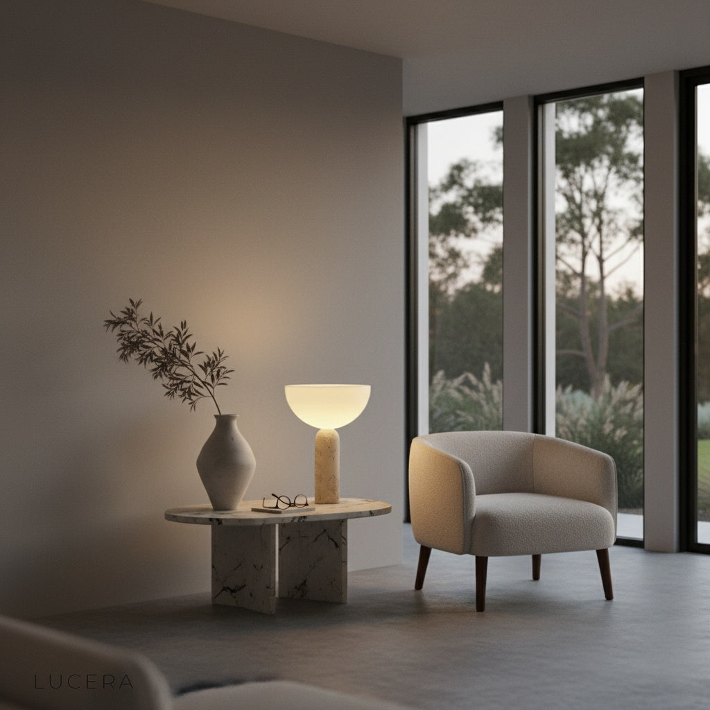 Close-up of Tristan Table Lamp travertine stone texture and glass shade detail