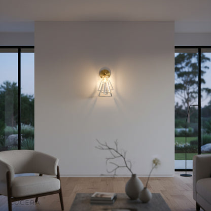 Close-up of Hebe Wall Lamp geometric crystal details and warm copper finish