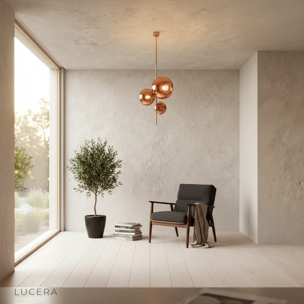 red pendant light glowing above a hallway nightstand for warm ambient lighting