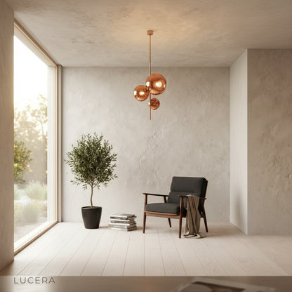 red pendant light glowing above a hallway nightstand for warm ambient lighting