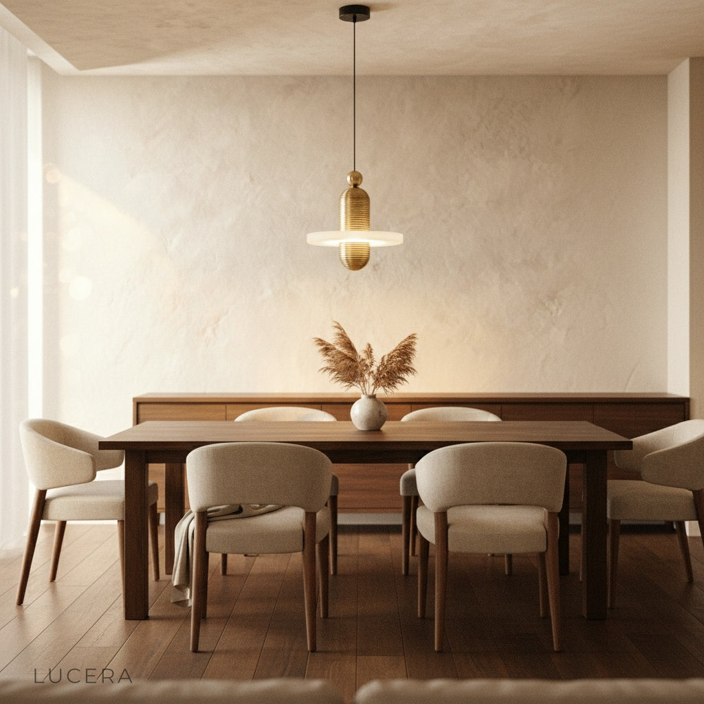 alabaster pendant light with aluminum stem in sunlit reading corner