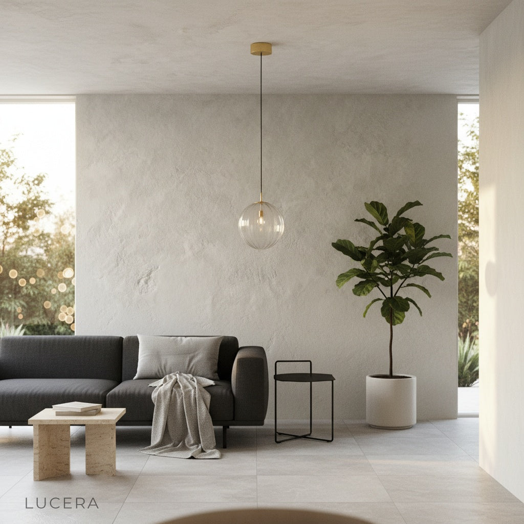 Tramonto pendant light with adjustable cord over a sleek kitchen counter and bar stools
