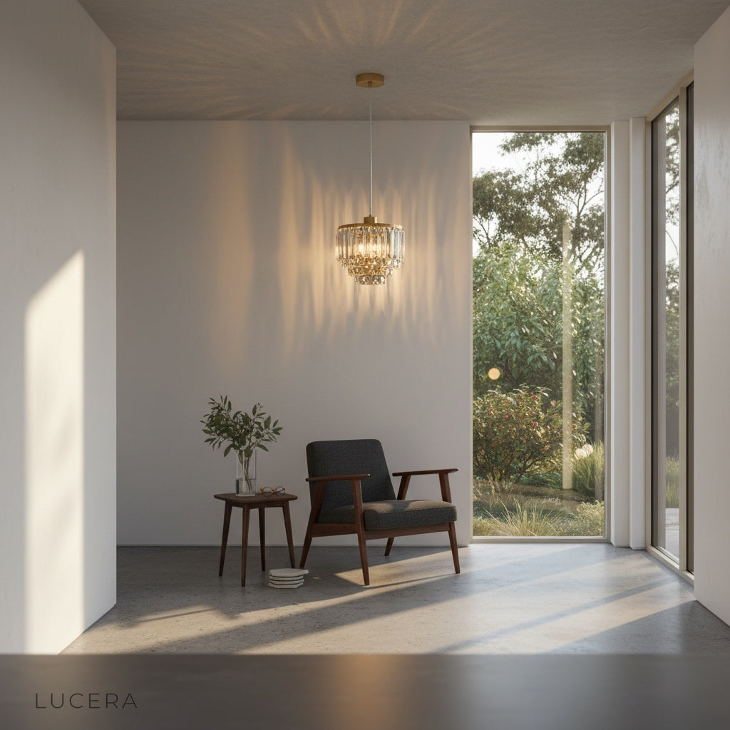 Brass and crystal diamond pendant light suspended in elegant entryway with high ceiling