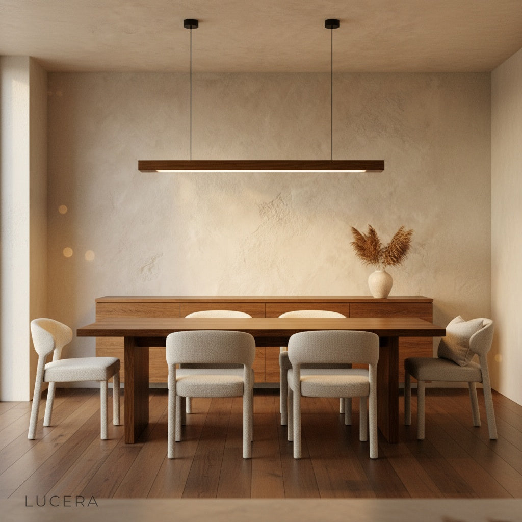 linear wood pendant lamp casting subtle light over a hallway entryway with low ceiling