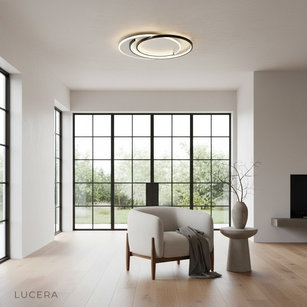 Zesty ceiling light black finish in a chic urban apartment at night